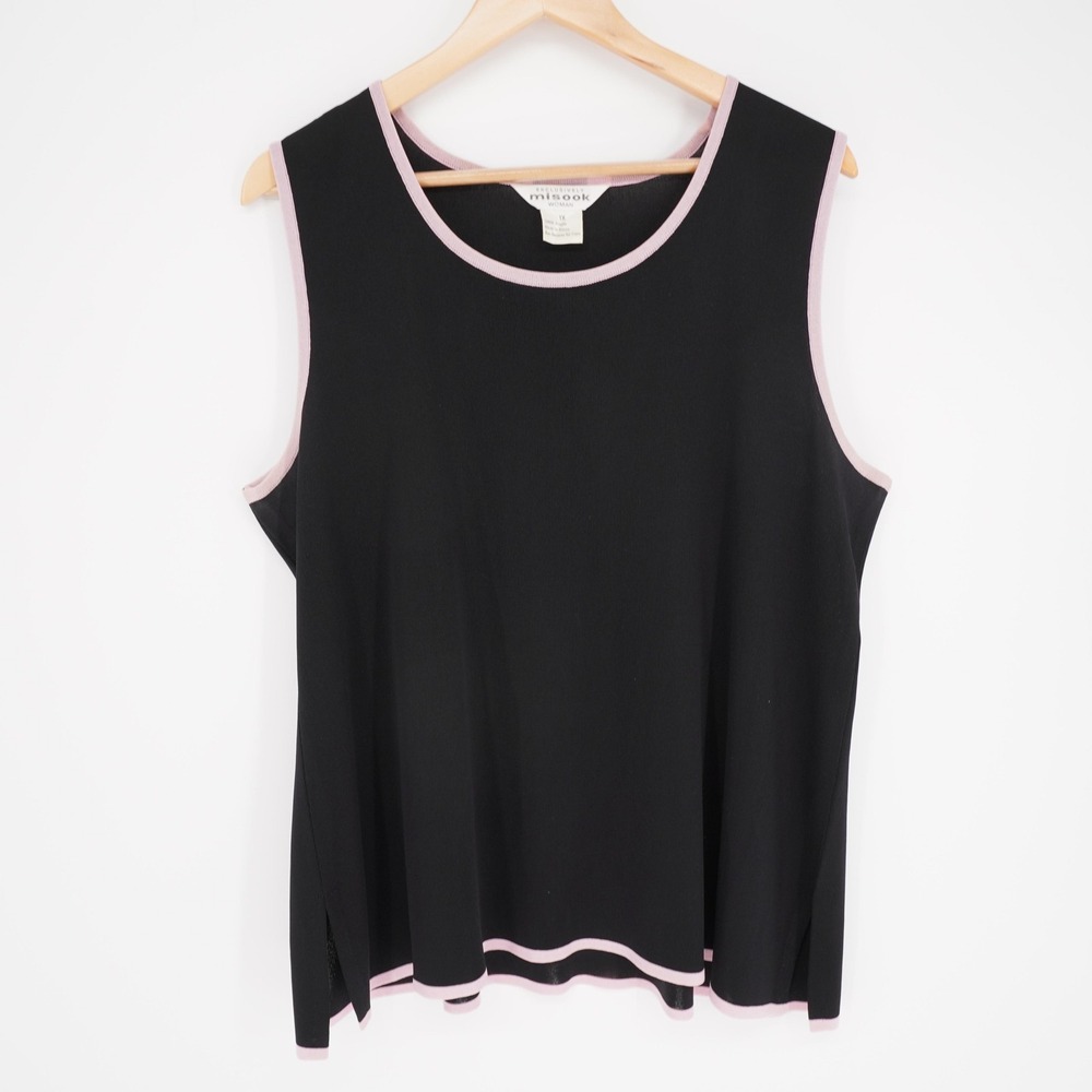 Misook Shell Tank Top Womens 1X Black Pink Trim Office Layering Basic Stretch